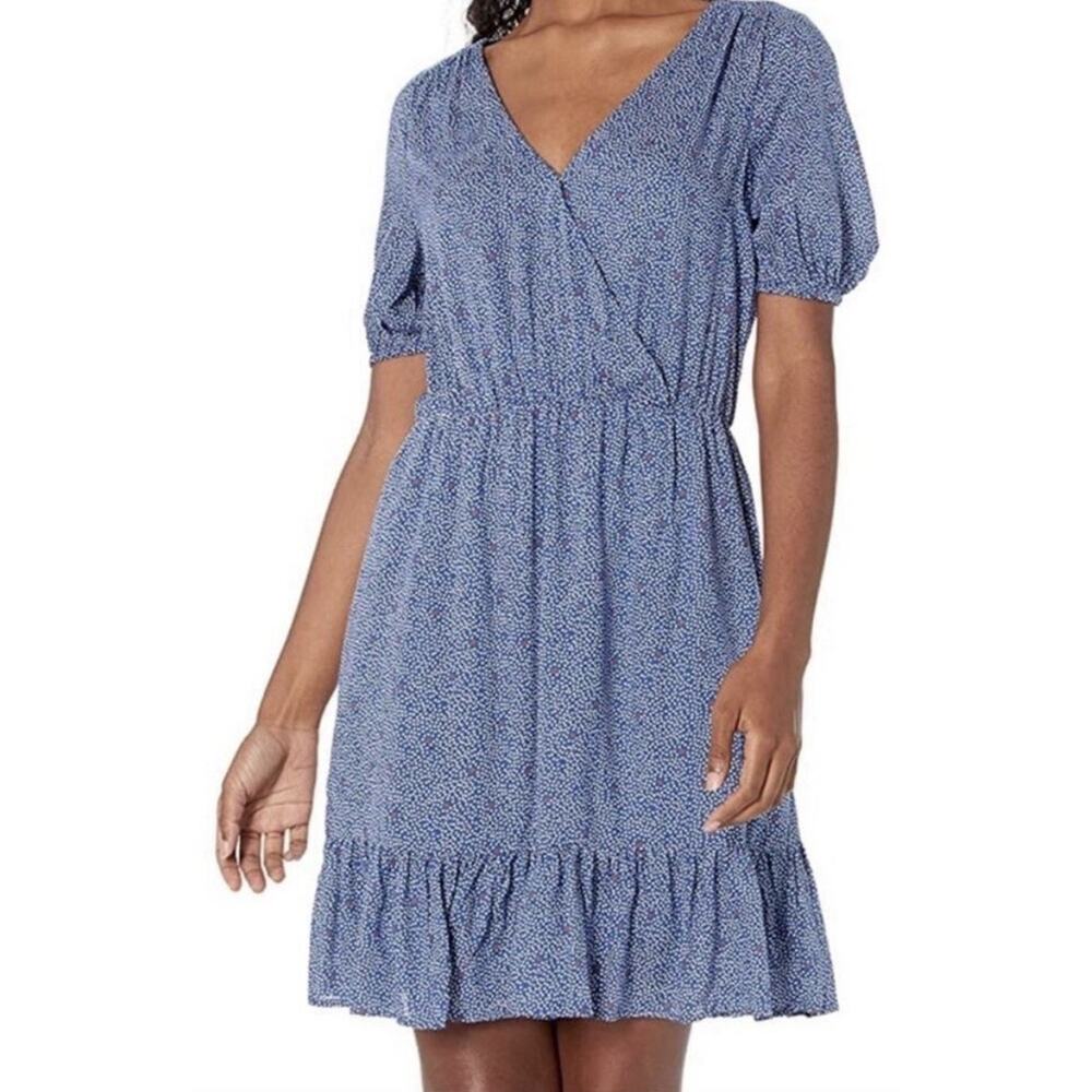 Lucky Brand Mila Dot Print Faux Wrap Ruffled Boho Flowy Dress Womens L‎ Blue
